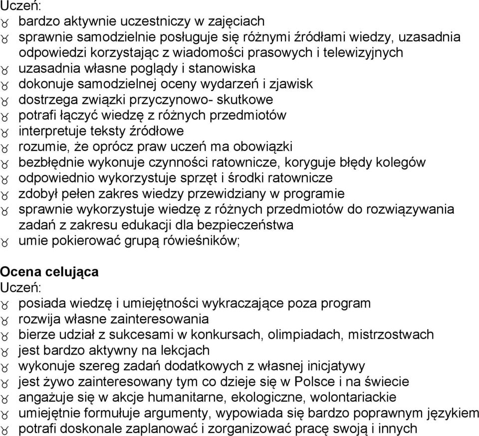 praw uczeń ma obowiązki bezbłędnie wykonuje czynności ratownicze, koryguje błędy kolegów odpowiednio wykorzystuje sprzęt i środki ratownicze zdobył pełen zakres wiedzy przewidziany w programie