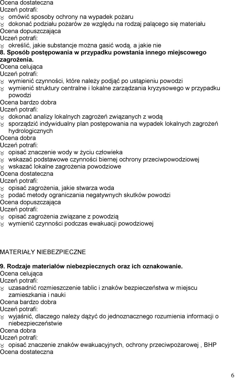 wymienić czynności, które należy podjąć po ustąpieniu powodzi wymienić struktury centralne i lokalne zarządzania kryzysowego w przypadku powodzi dokonać analizy lokalnych zagrożeń związanych z wodą