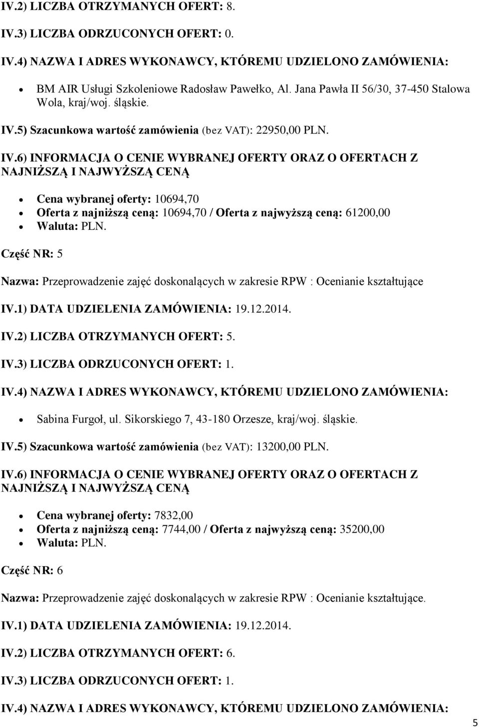 Część NR: 5 Nazwa: Przeprowadzenie zajęć doskonalących w zakresie RPW : Ocenianie kształtujące IV.2) LICZBA OTRZYMANYCH OFERT: 5. Sabina Furgoł, ul. Sikorskiego 7, 43-180 Orzesze, kraj/woj. śląskie.