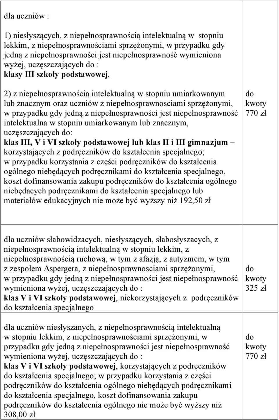 stopniu umiarkowanym lub znacznym, uczęszczających : klas III, V i VI szkoły podstawowej lub klas II i III gimnazjum korzystających z podręczników kształcenia specjalnego; w przypadku korzystania z