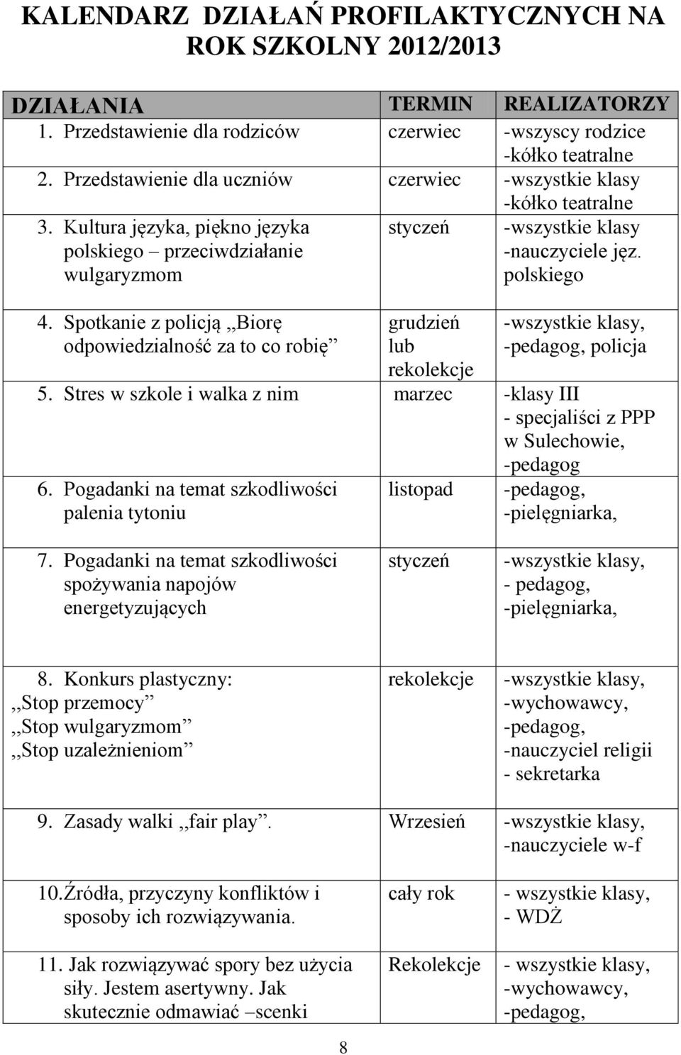 Spotkanie z policją,,biorę odpowiedzialność za to co robię styczeń grudzień lub rekolekcje -wszystkie klasy -nauczyciele jęz. polskiego -wszystkie klasy, -pedagog, policja 5.