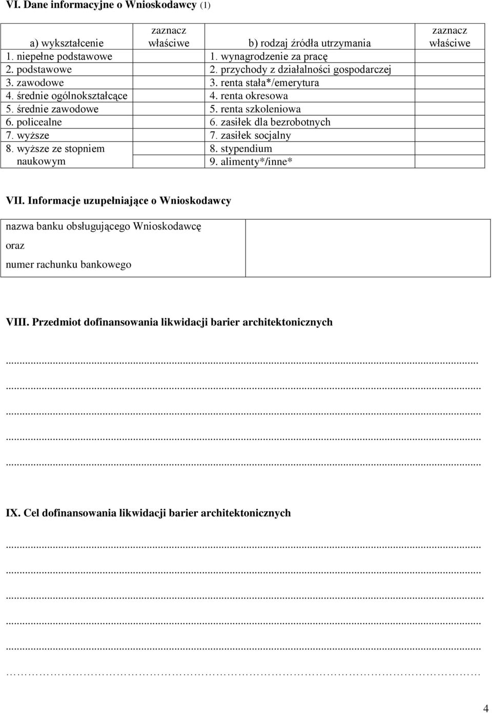 zasiłek dla bezrobotnych 7. wyższe 7. zasiłek socjalny 8. wyższe ze stopniem 8. stypendium naukowym 9. alimenty*/inne* zaznacz właściwe VII.