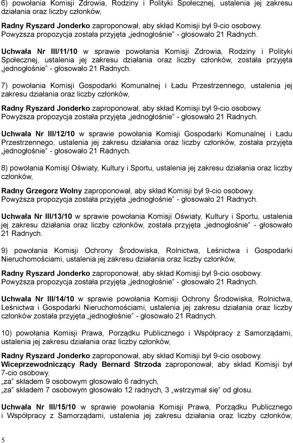 Uchwała Nr III/11/10 w sprawie powołania Komisji Zdrowia, Rodziny i Polityki Społecznej, ustalenia jej zakresu działania oraz liczby członków, została przyjęta jednogłośnie - głosowało 21 Radnych.