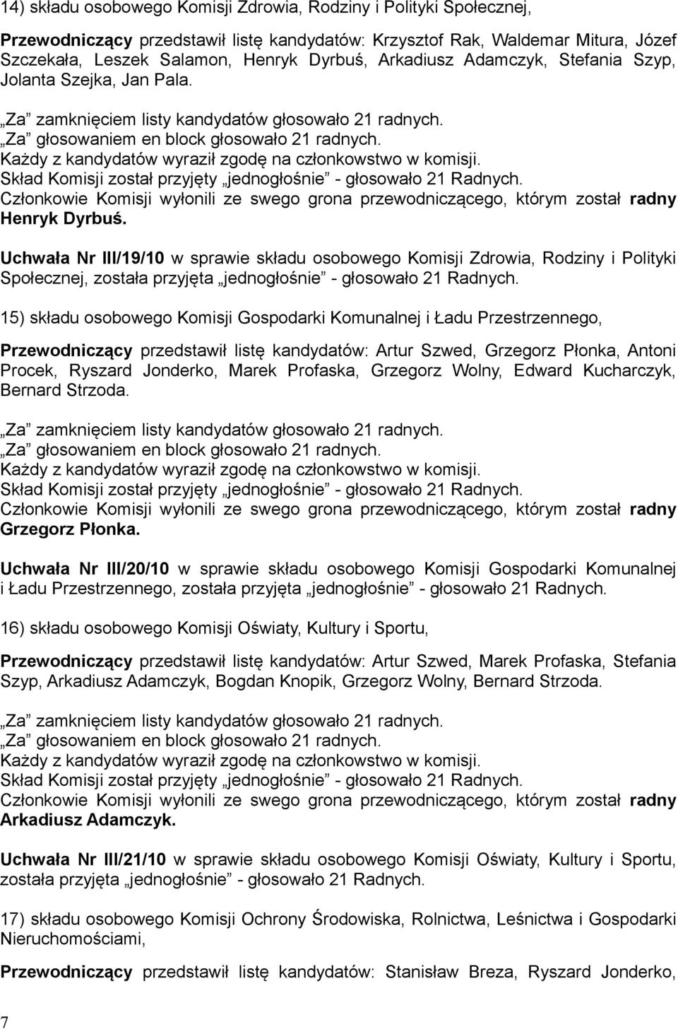 Uchwała Nr III/19/10 w sprawie składu osobowego Komisji Zdrowia, Rodziny i Polityki Społecznej, została przyjęta jednogłośnie - głosowało 21 Radnych.