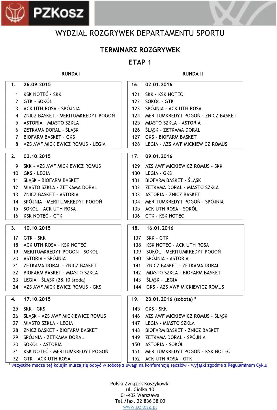 2016 1 KSK NOTEĆ SKK 121 SKK - KSK NOTEĆ 2 GTK SOKÓŁ 122 SOKÓŁ - GTK 3 ACK UTH ROSA SPÓJNIA 123 SPÓJNIA - ACK UTH ROSA 4 ZNICZ BASKET - MERITUMKREDYT POGOŃ 124 MERITUMKREDYT POGOŃ - ZNICZ BASKET 5