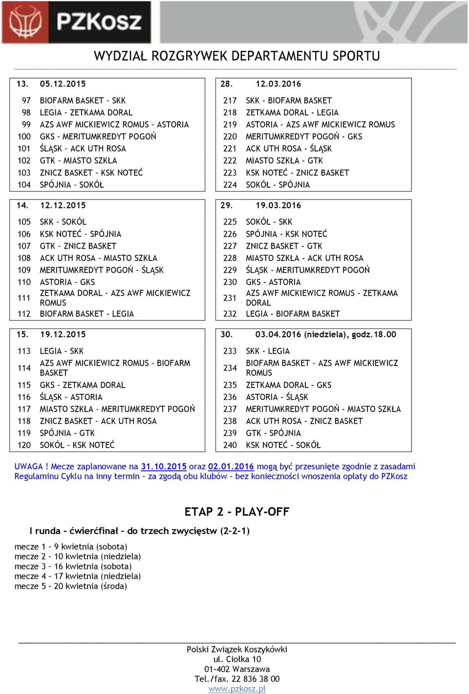 MERITUMKREDYT POGOŃ - GKS 101 ŚLĄSK ACK UTH ROSA 221 ACK UTH ROSA - ŚLĄSK 102 GTK MIASTO SZKŁA 222 MIASTO SZKŁA - GTK 103 ZNICZ BASKET KSK NOTEĆ 223 KSK NOTEĆ - ZNICZ BASKET 104 SPÓJNIA SOKÓŁ 224