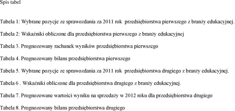 Prognozowany bilans przedsiębiorstwa pierwszego Tabela 5. Wybrane pozycje ze sprawozdania za 2011 rok przedsiębiorstwa drugiego z branży edukacyjnej. Tabela 6.