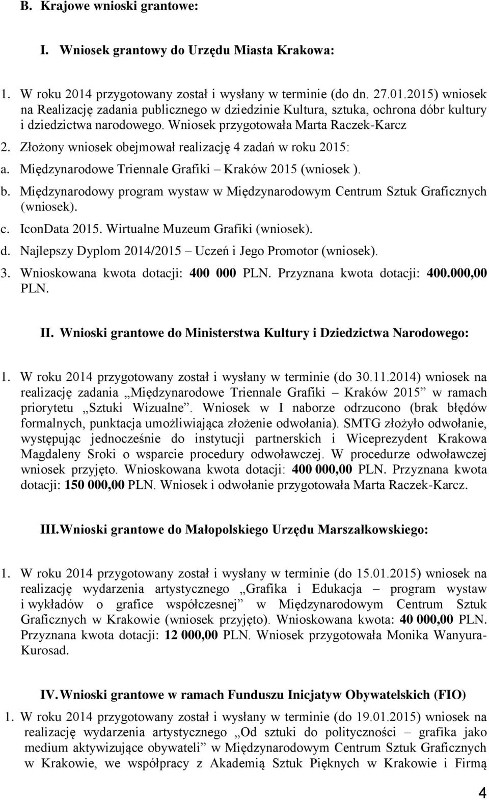 Wniosek przygotowała Marta Raczek-Karcz 2. Złożony wniosek obejmował realizację 4 zadań w roku 2015: a. Międzynarodowe Triennale Grafiki Kraków 2015 (wniosek ). b.