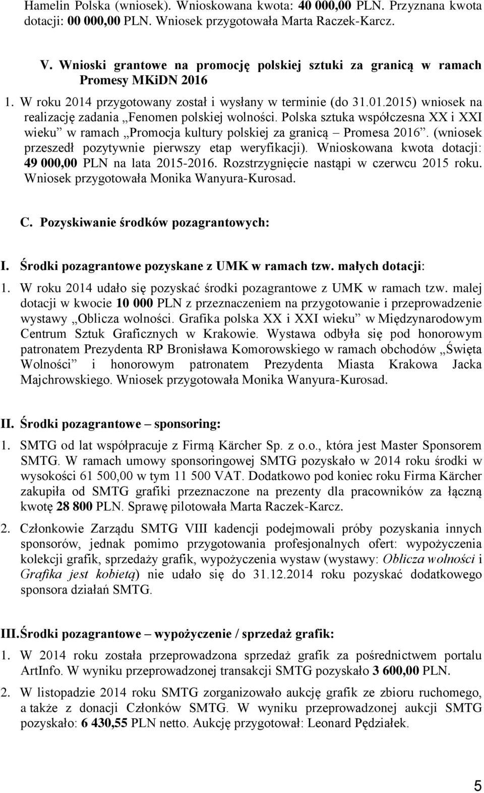Polska sztuka współczesna XX i XXI wieku w ramach Promocja kultury polskiej za granicą Promesa 2016. (wniosek przeszedł pozytywnie pierwszy etap weryfikacji).