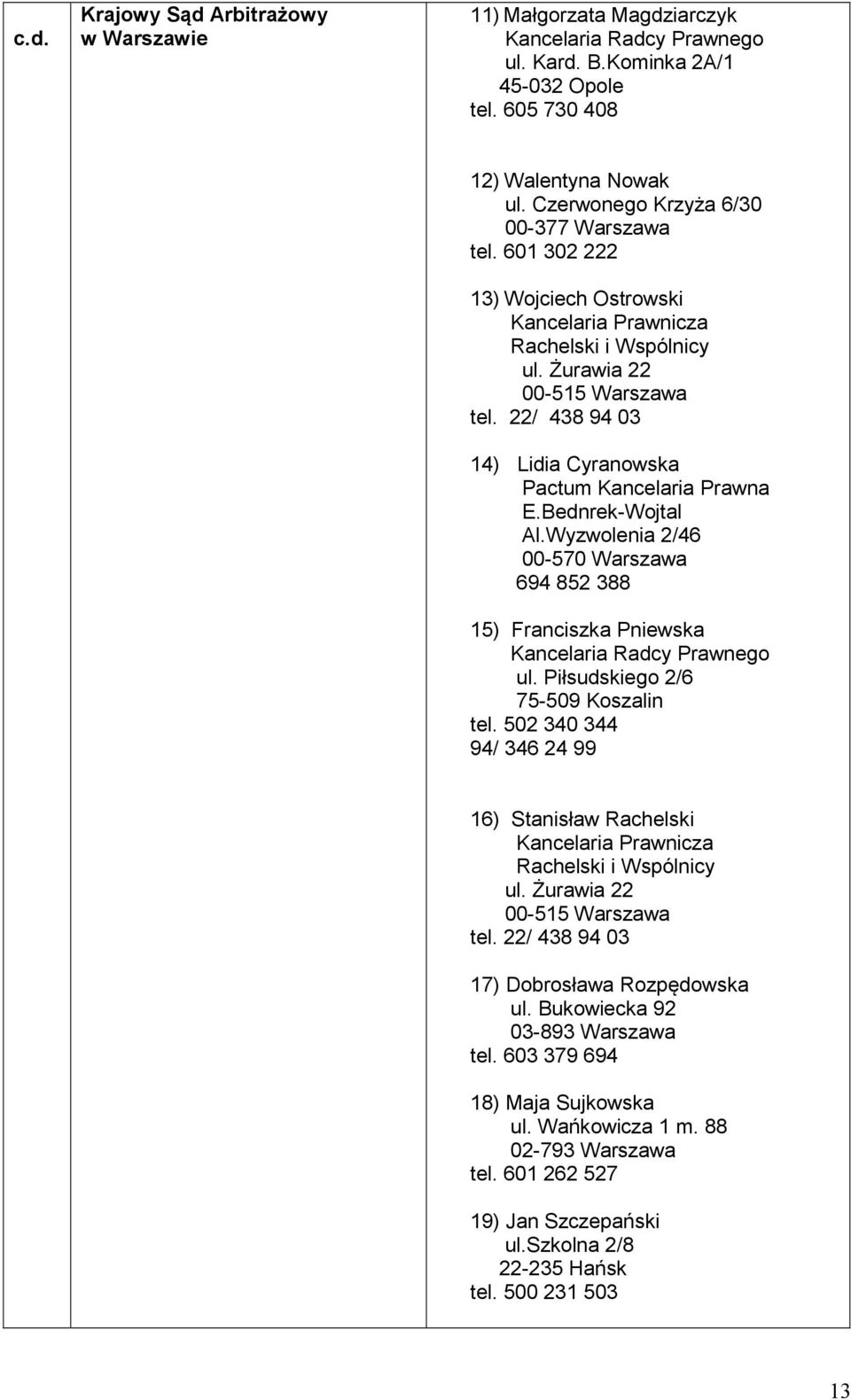 22/ 438 94 03 14) Lidia Cyranowska Pactum Kancelaria Prawna E.Bednrek-Wojtal Al.Wyzwolenia 2/46 00-570 Warszawa 694 852 388 15) Franciszka Pniewska Kancelaria Radcy Prawnego ul.