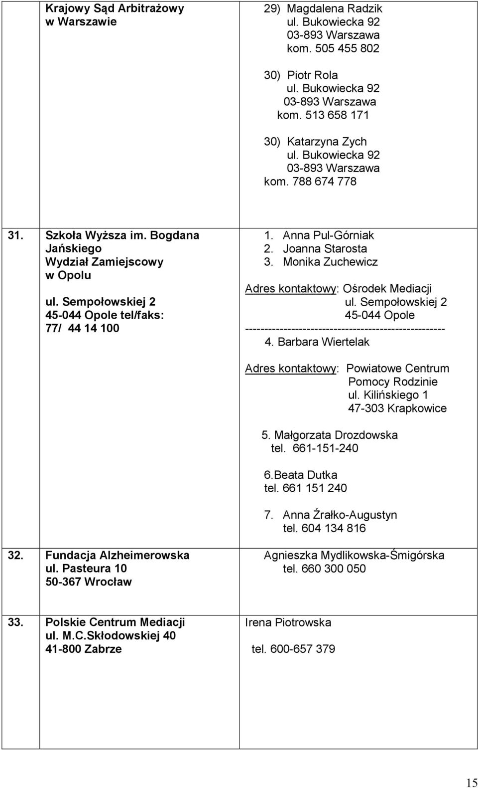 Sempołowskiej 2 45-044 Opole ---------------------------------------------------- 4. Barbara Wiertelak Adres kontaktowy: Powiatowe Centrum Pomocy Rodzinie ul. Kilińskiego 1 47-303 Krapkowice 5.