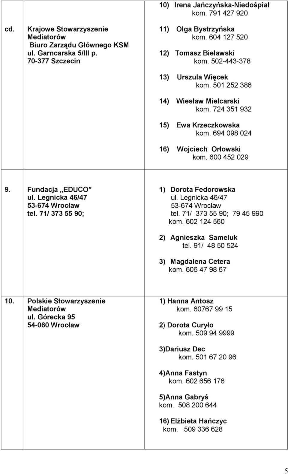 600 452 029 9. Fundacja EDUCO ul. Legnicka 46/47 53-674 Wrocław tel. 71/ 373 55 90; 1) Dorota Fedorowska ul. Legnicka 46/47 53-674 Wrocław tel. 71/ 373 55 90; 79 45 990 kom.