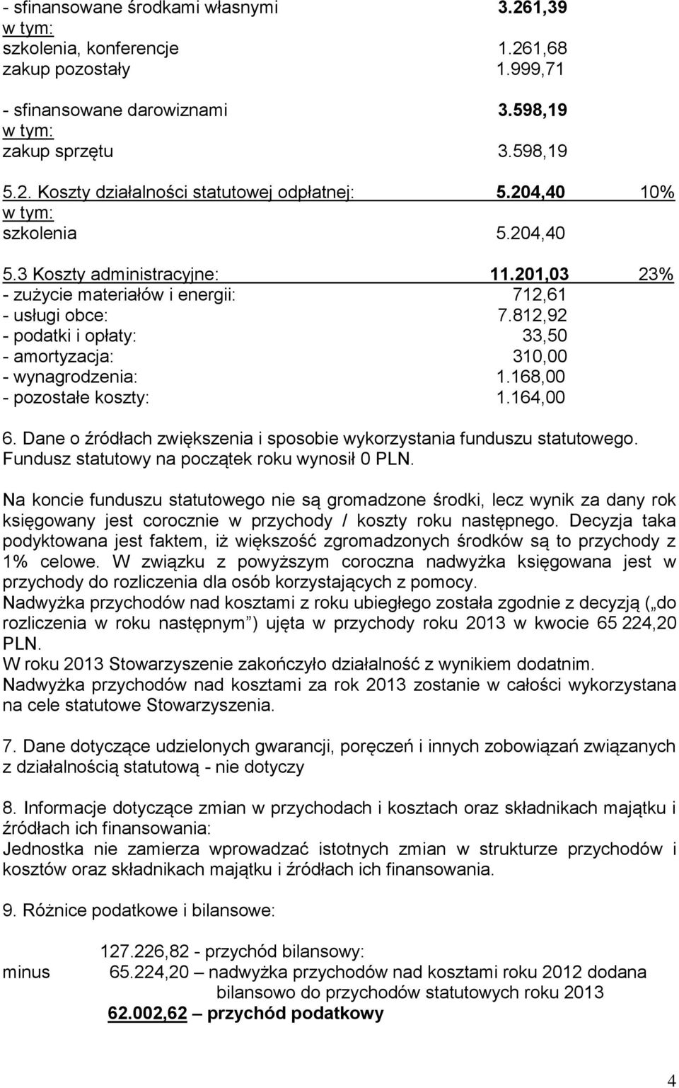 812,92 - podatki i opłaty: 33,50 - amortyzacja: 310,00 - wynagrodzenia: 1.168,00 - pozostałe koszty: 1.164,00 6. Dane o źródłach zwiększenia i sposobie wykorzystania funduszu statutowego.