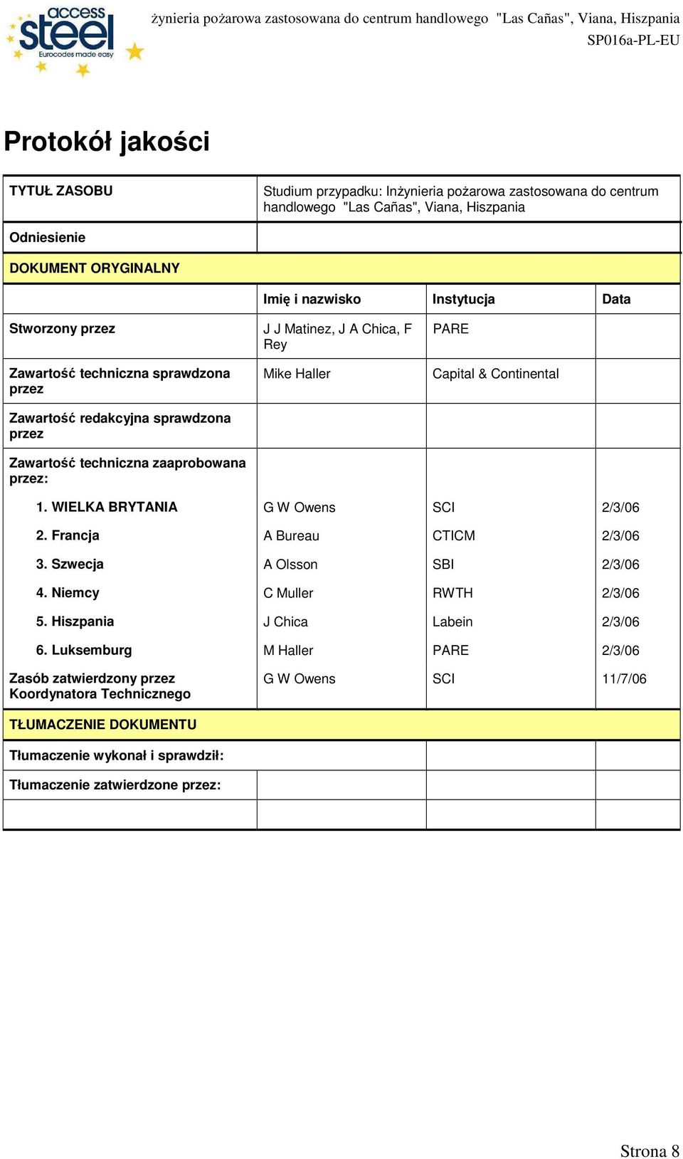 & Continental 1. WIELKA BRYTANIA G W Owens SCI 2/3/06 2. Francja A Bureau CTICM 2/3/06 3. Szwecja A Olsson SBI 2/3/06 4. Niemcy C Muller RWTH 2/3/06 5. Hiszpania J Chica Labein 2/3/06 6.