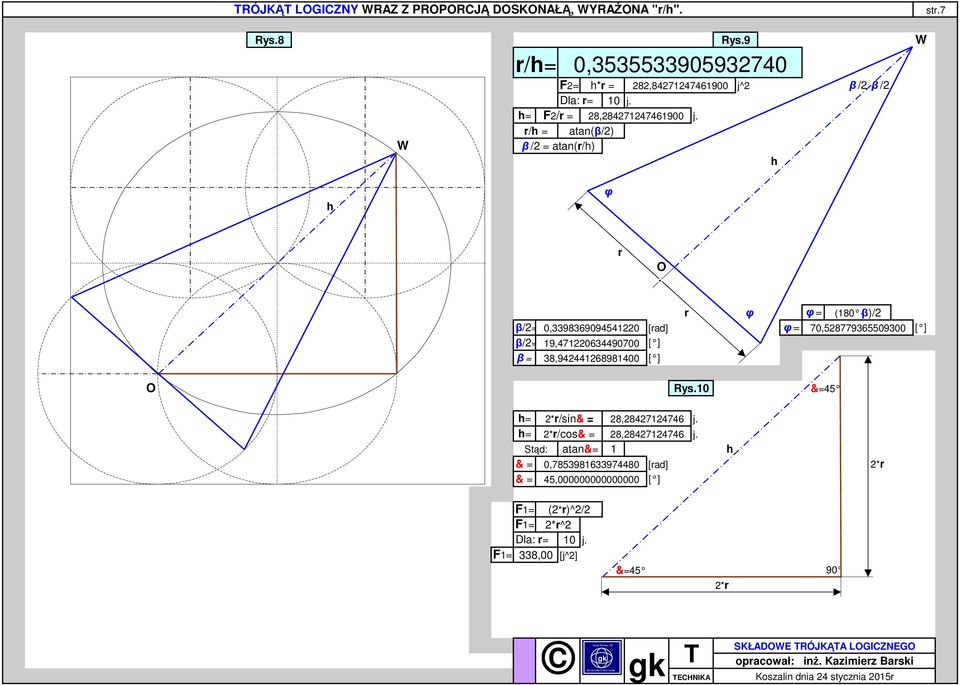 r/ atan(β/2) β /2 atan(r/) W φ r r φ φ (180 -β)/2 β/2 0,3398369094541220 [rad] φ 70,528779365509300 [ ] β/2 19,471220634490700 [ ] β