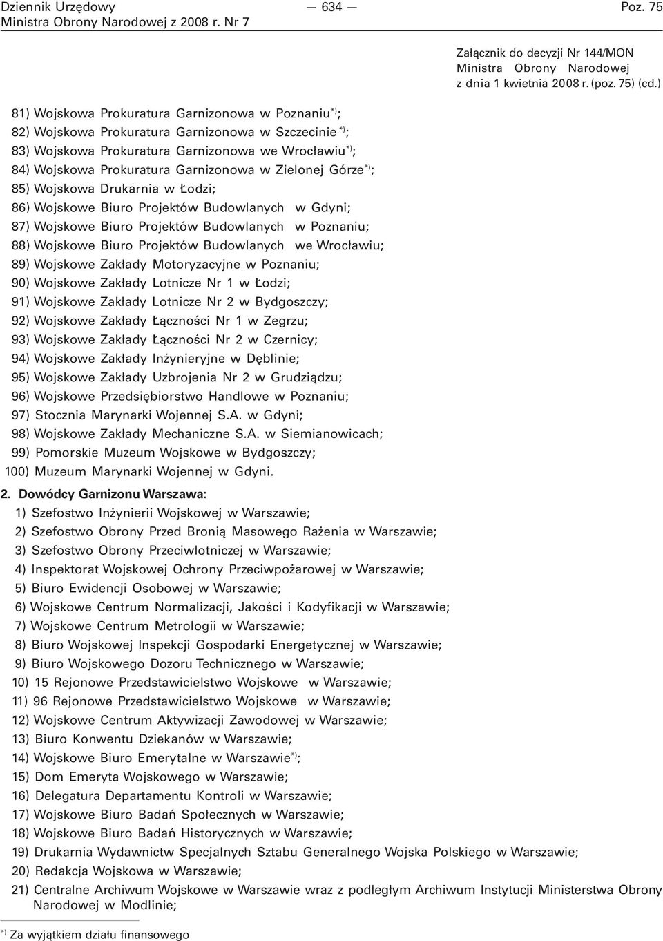 Garnizonowa w Zielonej Górze *) ; 85) Wojskowa Drukarnia w Łodzi; 86) Wojskowe Biuro Projektów Budowlanych w Gdyni; 87) Wojskowe Biuro Projektów Budowlanych w Poznaniu; 88) Wojskowe Biuro Projektów