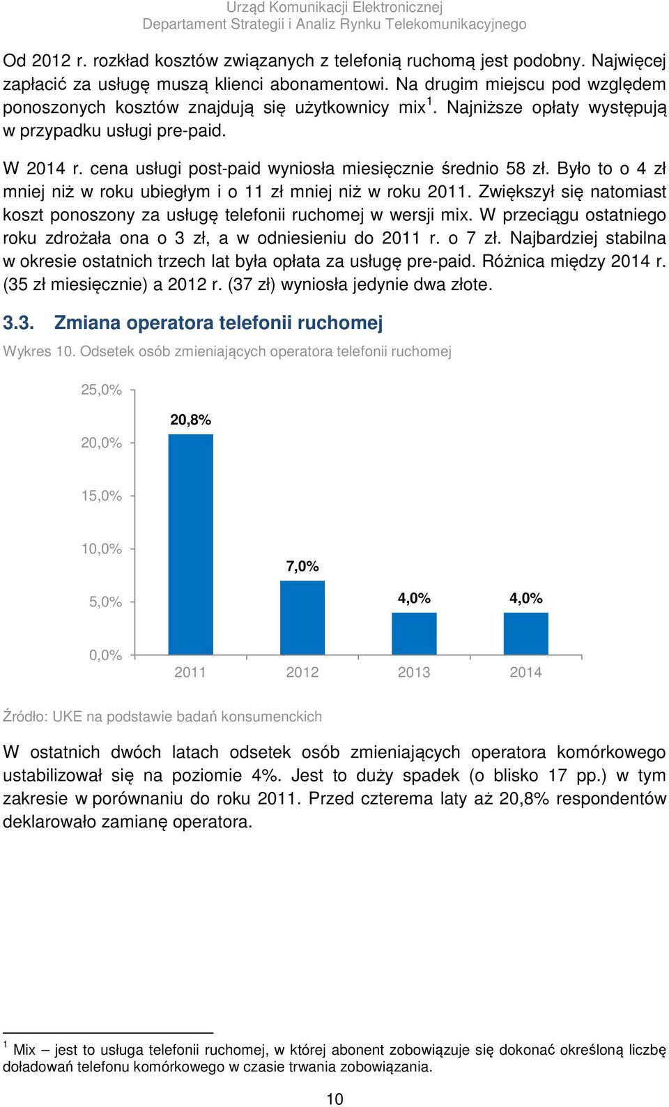 cena usługi post-paid wyniosła miesięcznie średnio 58 zł. Było to o 4 zł mniej niż w roku ubiegłym i o 11 zł mniej niż w roku 2011.