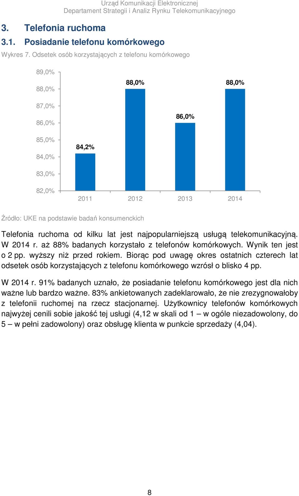 telekomunikacyjną. W 2014 r. aż 88% badanych korzystało z telefonów komórkowych. Wynik ten jest o 2 pp. wyższy niż przed rokiem.