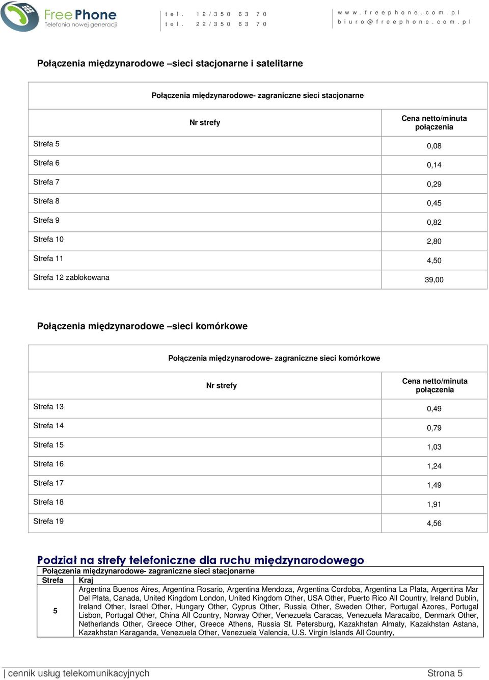 Strefa 13 0,49 Strefa 14 0,79 Strefa 15 1,03 Strefa 16 1,24 Strefa 17 1,49 Strefa 18 1,91 Strefa 19 4,56 Podział na strefy telefoniczne dla ruchu międzynarodowego Połączenia międzynarodowe-