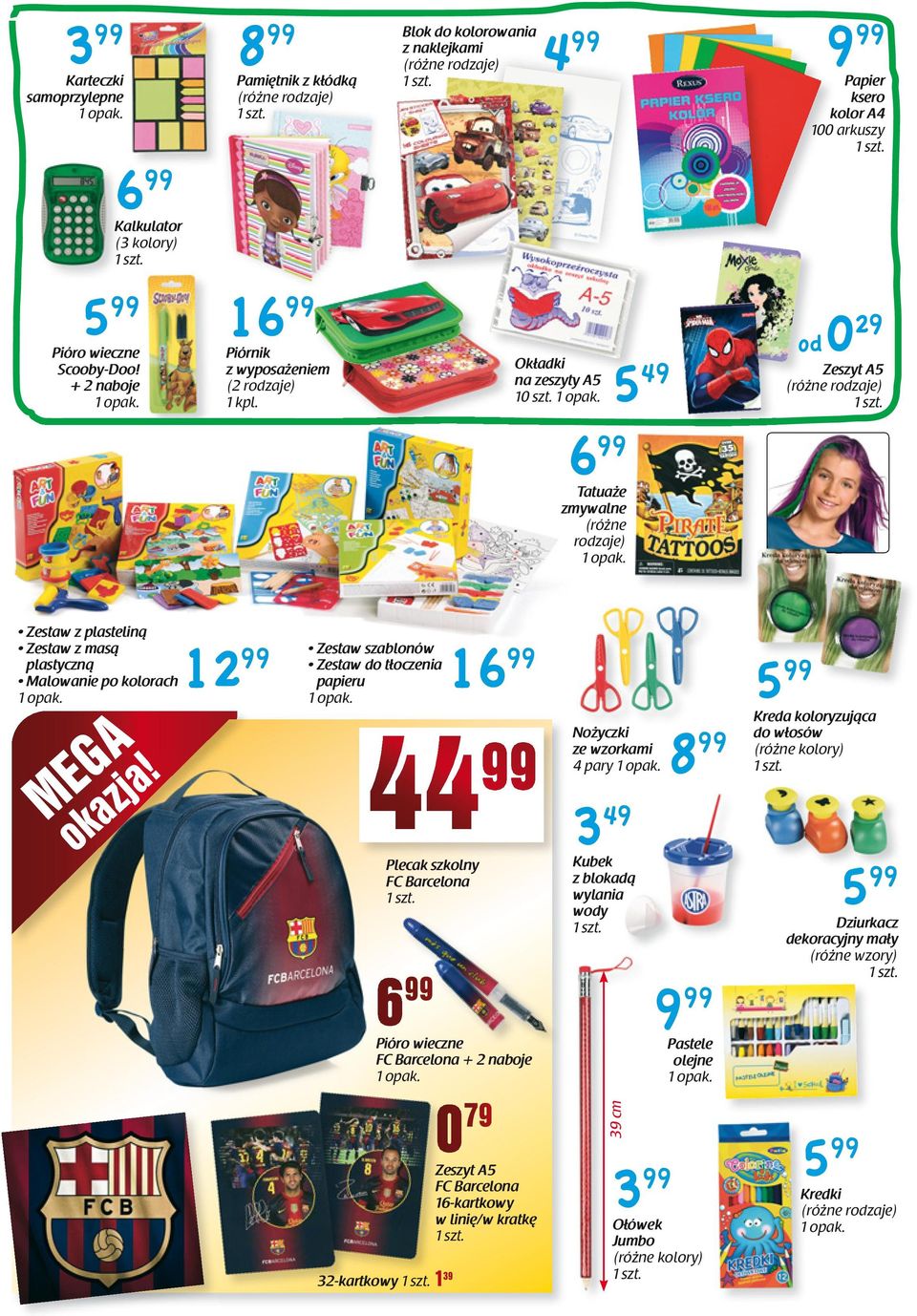 5 6 Tatuaże zmywalne (różne rodzaje) Papier ksero kolor A4 100 arkuszy 0 od 29 49 Zeszyt A5 Zestaw z plasteliną Zestaw z masą 12 plastyczną Malowanie po kolorach MEGA okazja!
