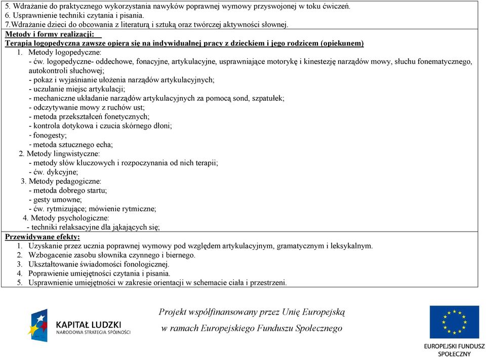 Metody i formy realizacji: Terapia logopedyczna zawsze opiera się na indywidualnej pracy z dzieckiem i jego rodzicem (opiekunem) 1. Metody logopedyczne: - ćw.