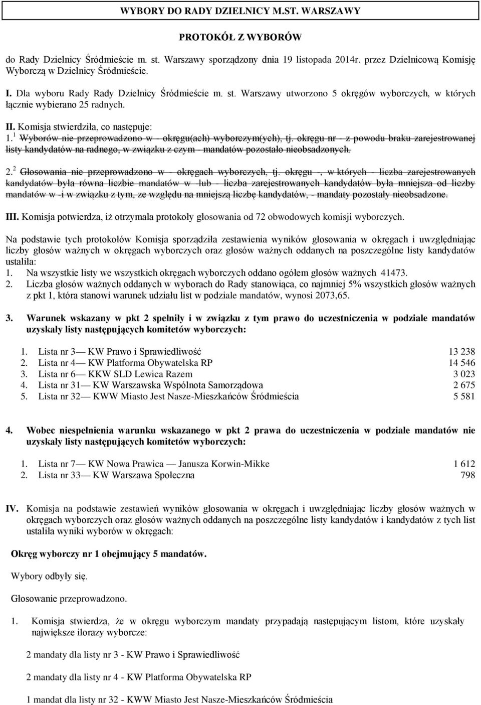 Komisja stwierdziła, co następuje: 1. 1 Wyborów nie przeprowadzono w - okręgu(ach) wyborczym(ych), tj.