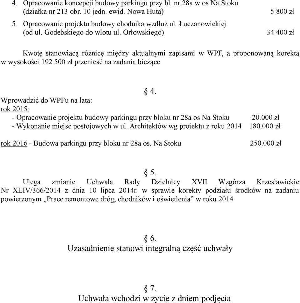 Wprowadzić do WPFu na lata: rok 2015: - Opracowanie projektu budowy parkingu przy bloku nr 28a os Na Stoku 20.000 zł - Wykonanie miejsc postojowych w ul. Architektów wg projektu z roku 2014 180.