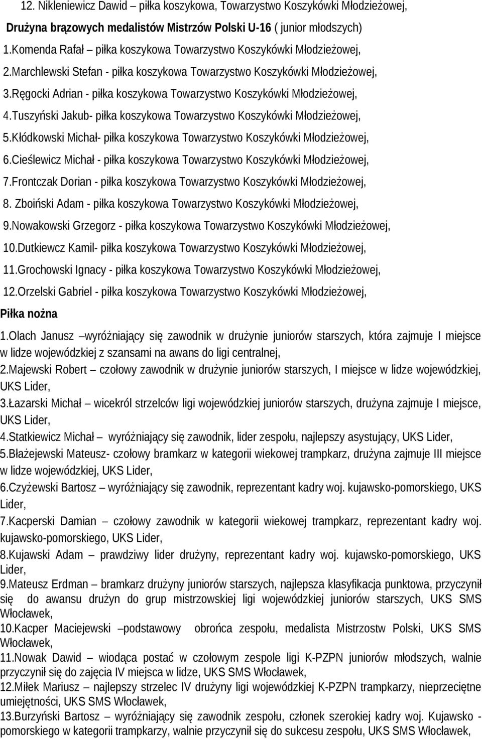 Ręgocki Adrian - piłka koszykowa Towarzystwo Koszykówki Młodzieżowej, 4.Tuszyński Jakub- piłka koszykowa Towarzystwo Koszykówki Młodzieżowej, 5.