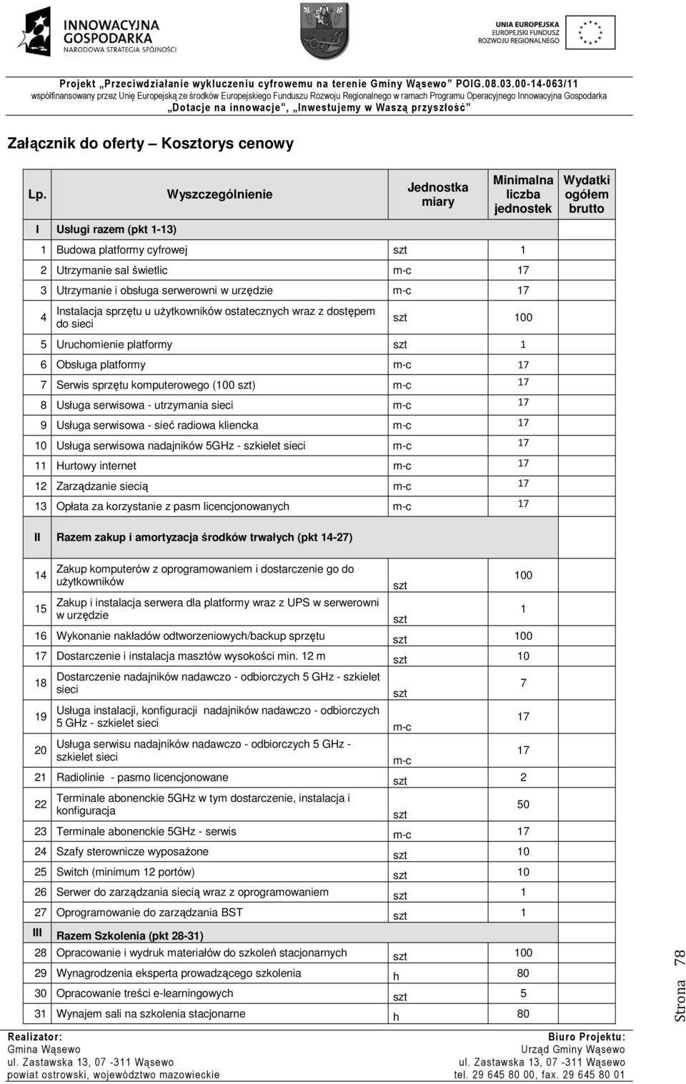 17 4 Instalacja sprzętu u użytkowników ostatecznych wraz z dostępem do sieci 100 5 Uruchomienie platformy 1 6 Obsługa platformy m-c 17 7 Serwis sprzętu komputerowego (100 ) m-c 17 8 Usługa serwisowa