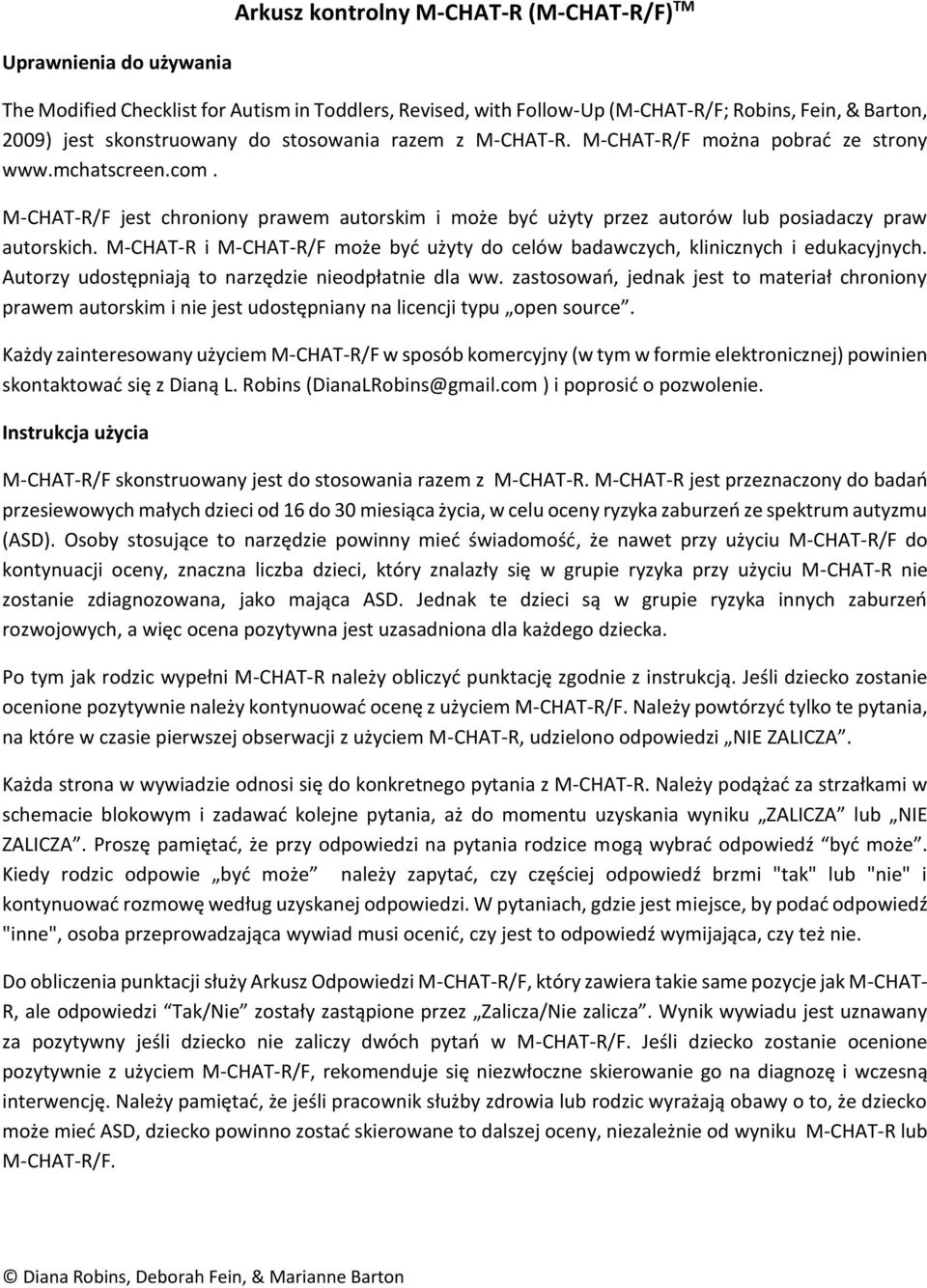 M-CHAT-R i M-CHAT-R/F może być użyty do celów badawczych, klinicznych i edukacyjnych. Autorzy udostępniają to narzędzie nieodpłatnie dla ww.