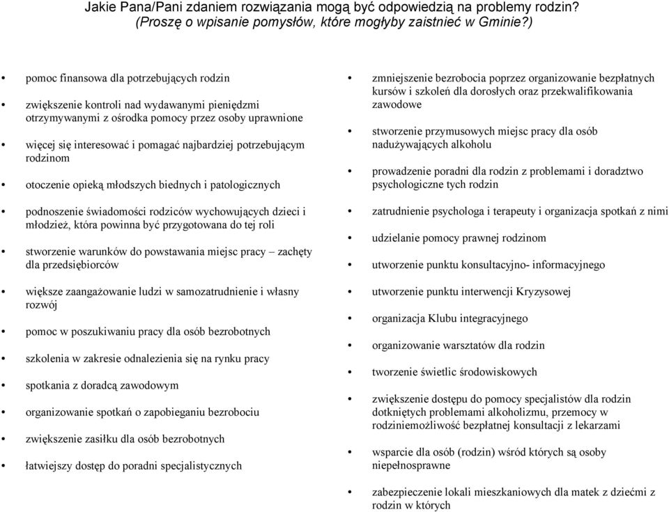 potrzebującym rodzinom otoczenie opieką młodszych biednych i patologicznych zmniejszenie bezrobocia poprzez organizowanie bezpłatnych kursów i szkoleń dla dorosłych oraz przekwalifikowania zawodowe