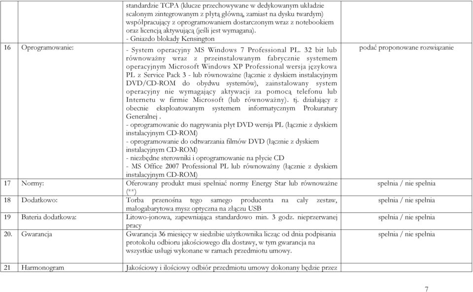 32 bit lub równoważny wraz z przeinstalowanym fabrycznie systemem operacyjnym Microsoft Windows XP Professional wersja językowa PL z Service Pack 3 - lub równoważne (łącznie z dyskiem instalacyjnym