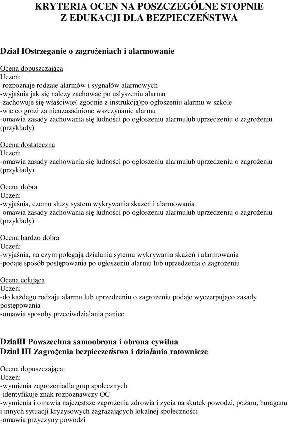 -wyjaśnia, czemu służy system wykrywania skażeń i alarmowania Ocena bardzo dobra -wyjaśnia, na czym polegają działania sytemu wykrywania skażeń i alarmowania -podaje sposób postępowania po ogłoszeniu