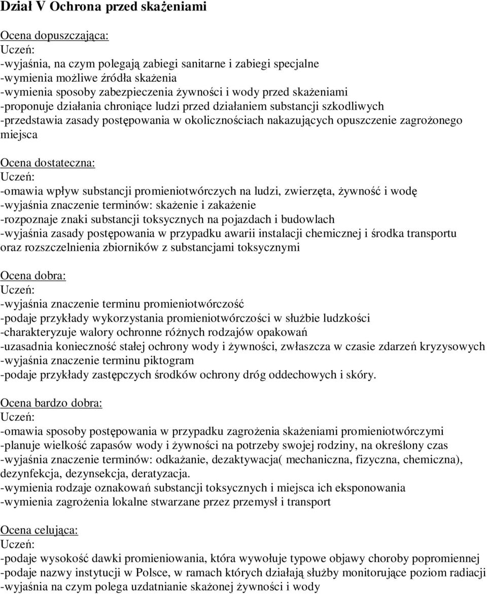 wpływ substancji promieniotwórczych na ludzi, zwierzęta, żywność i wodę -wyjaśnia znaczenie terminów: skażenie i zakażenie -rozpoznaje znaki substancji toksycznych na pojazdach i budowlach -wyjaśnia