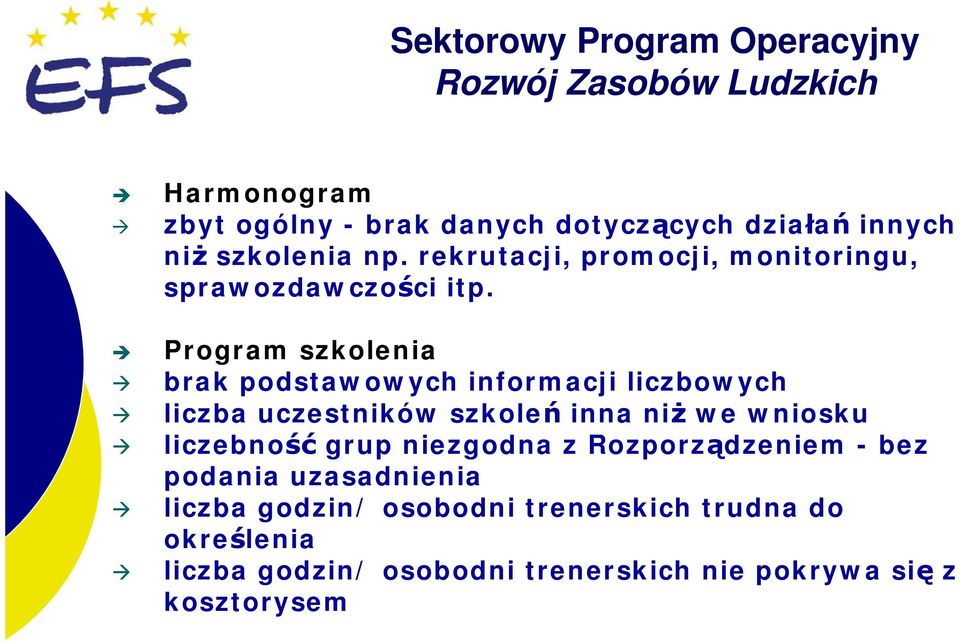 Program szkolenia brak podstawowych informacji liczbowych liczba uczestników szkoleń inna niż we wniosku