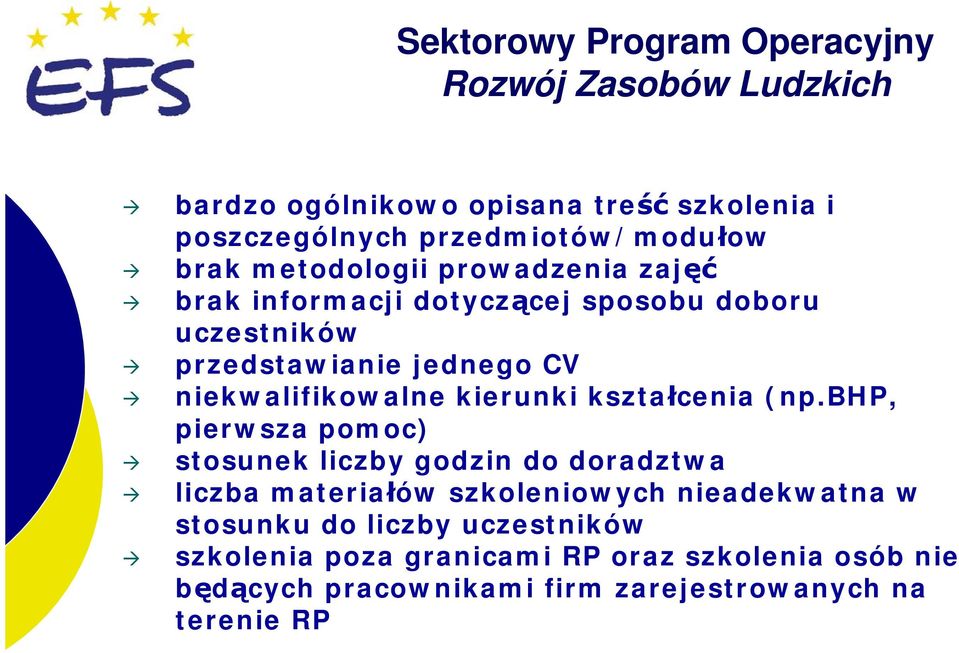 bhp, pierwsza pomoc) stosunek liczby godzin do doradztwa liczba materiałów szkoleniowych nieadekwatna w stosunku do