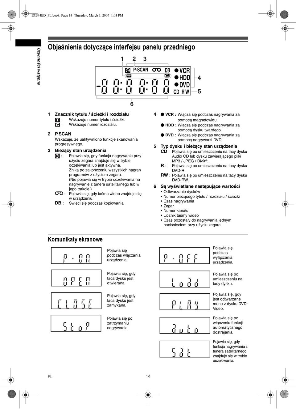 Wskazuje numer tytułu i ścieżki. : Wskazuje numer rozdziału. 2 P.SCAN Wskazuje, że uaktywniono funkcje skanowania progresywnego.