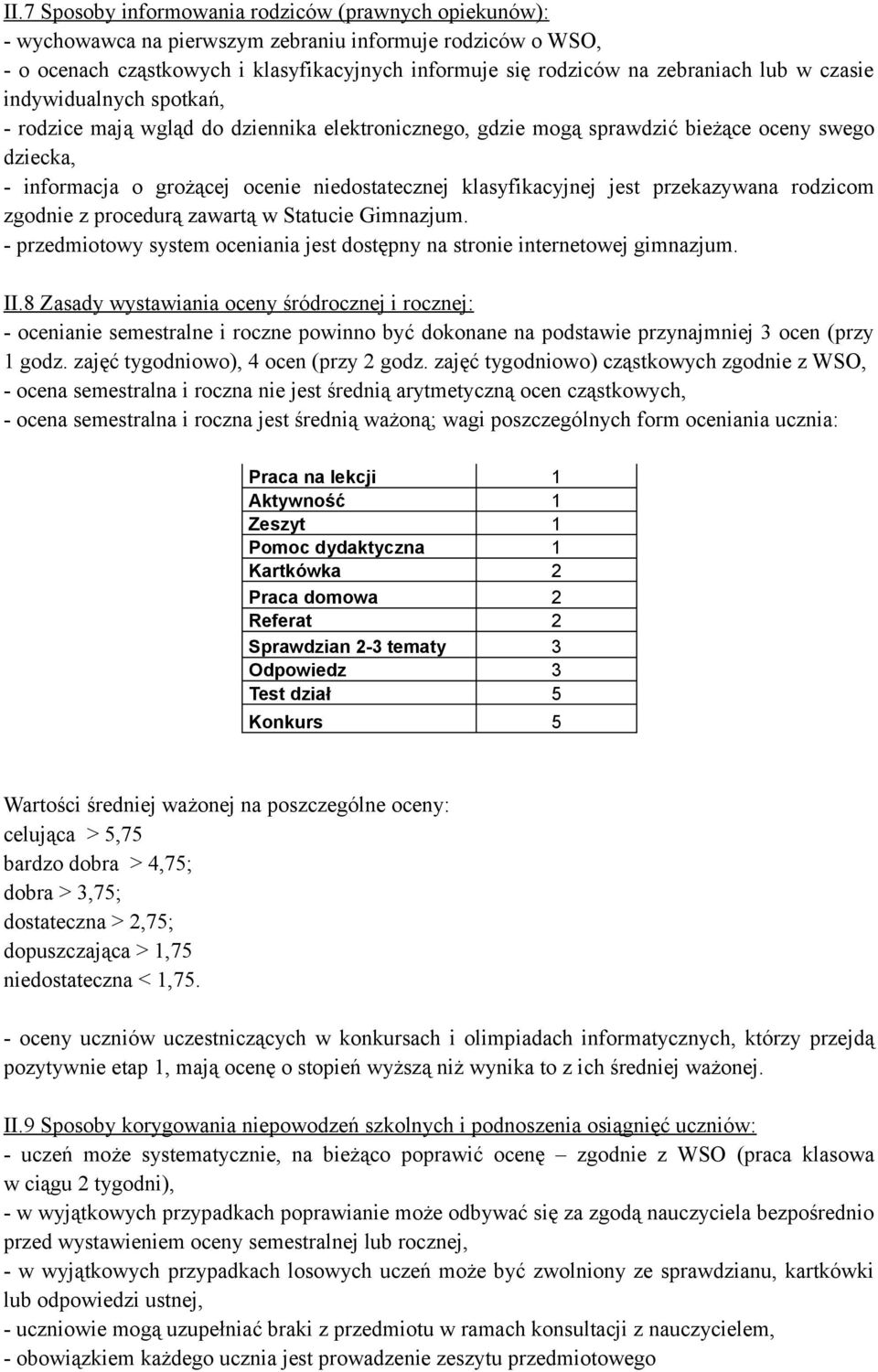 zgdnie z prcedurą zawartą w Statucie Gimnazjum. - przedmitwy system ceniania jest dstępny na strnie internetwej gimnazjum. II.