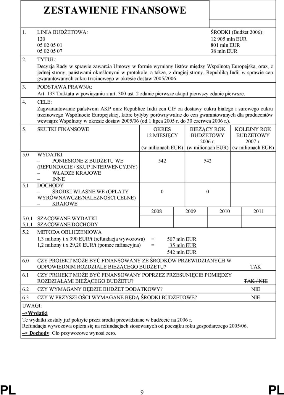 w sprawie cen gwarantowanych cukru trzcinowego w okresie dostaw 2005/2006 3. PODSTAWA PRAWNA: Art. 133 Traktatu w powiązaniu z art. 300 ust. 2 zdanie pierwsze akapit pierwszy zdanie pierwsze. 4.