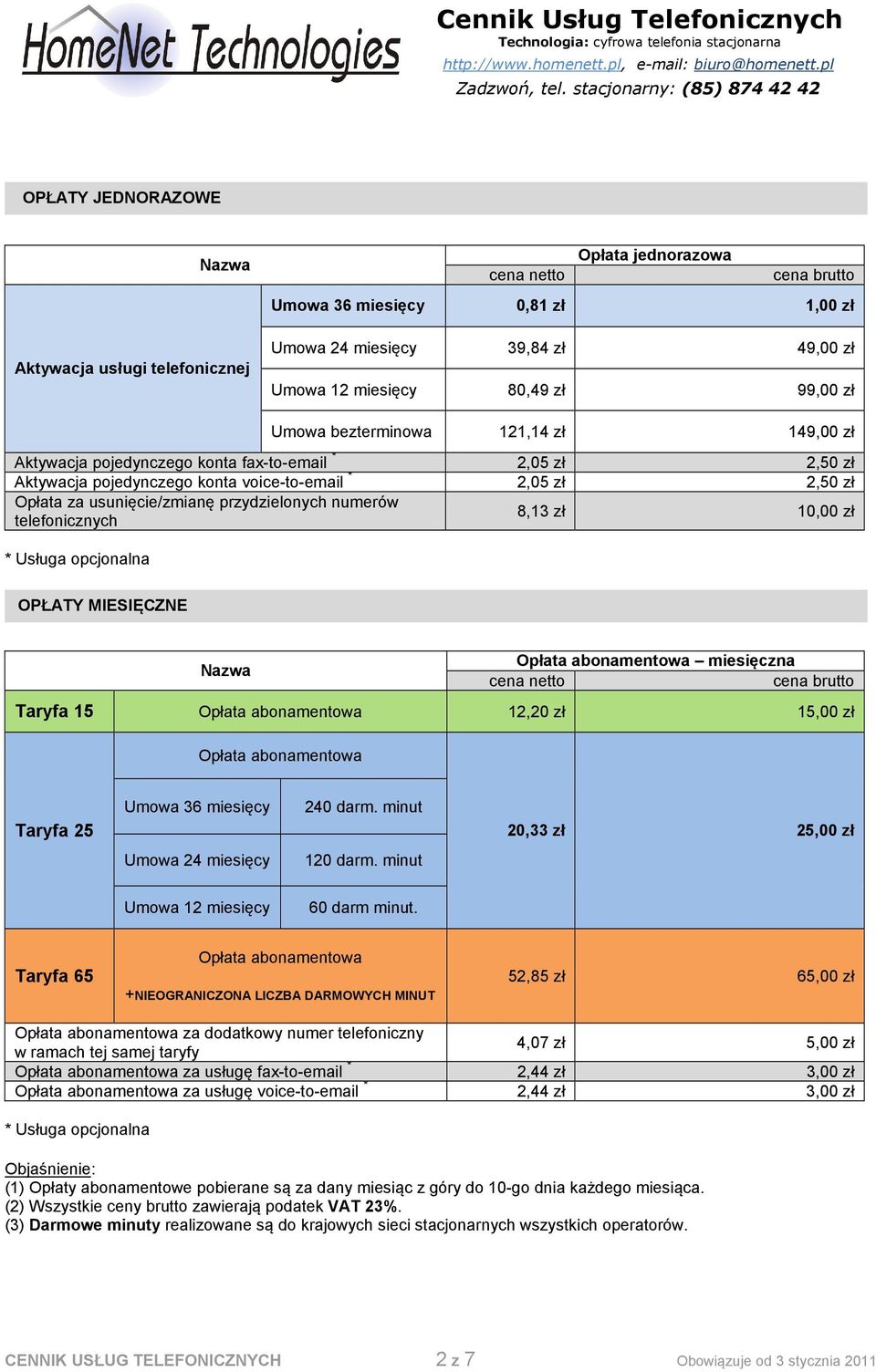 telefonicznych 8,13 zł 10,00 zł * Usługa opcjonalna OPŁATY MIESIĘCZNE Nazwa Opłata abonamentowa miesięczna Taryfa 15 Opłata abonamentowa 12,20 zł 15,00 zł Opłata abonamentowa Taryfa 25 Umowa 36