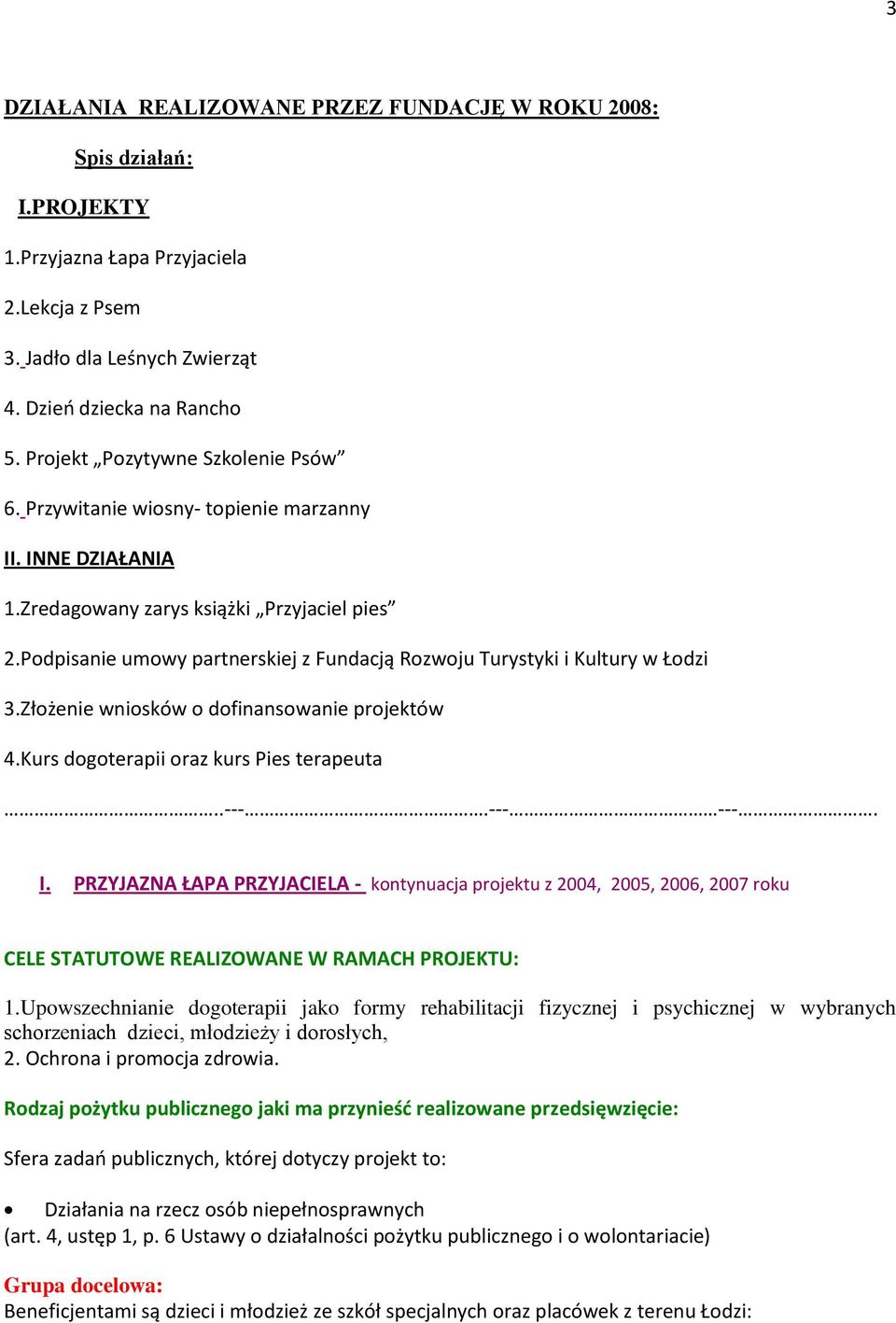 Podpisanie umowy partnerskiej z Fundacją Rozwoju Turystyki i Kultury w Łodzi 3.Złożenie wniosków o dofinansowanie projektów 4.Kurs dogoterapii oraz kurs Pies terapeuta..---.--- ---. I.