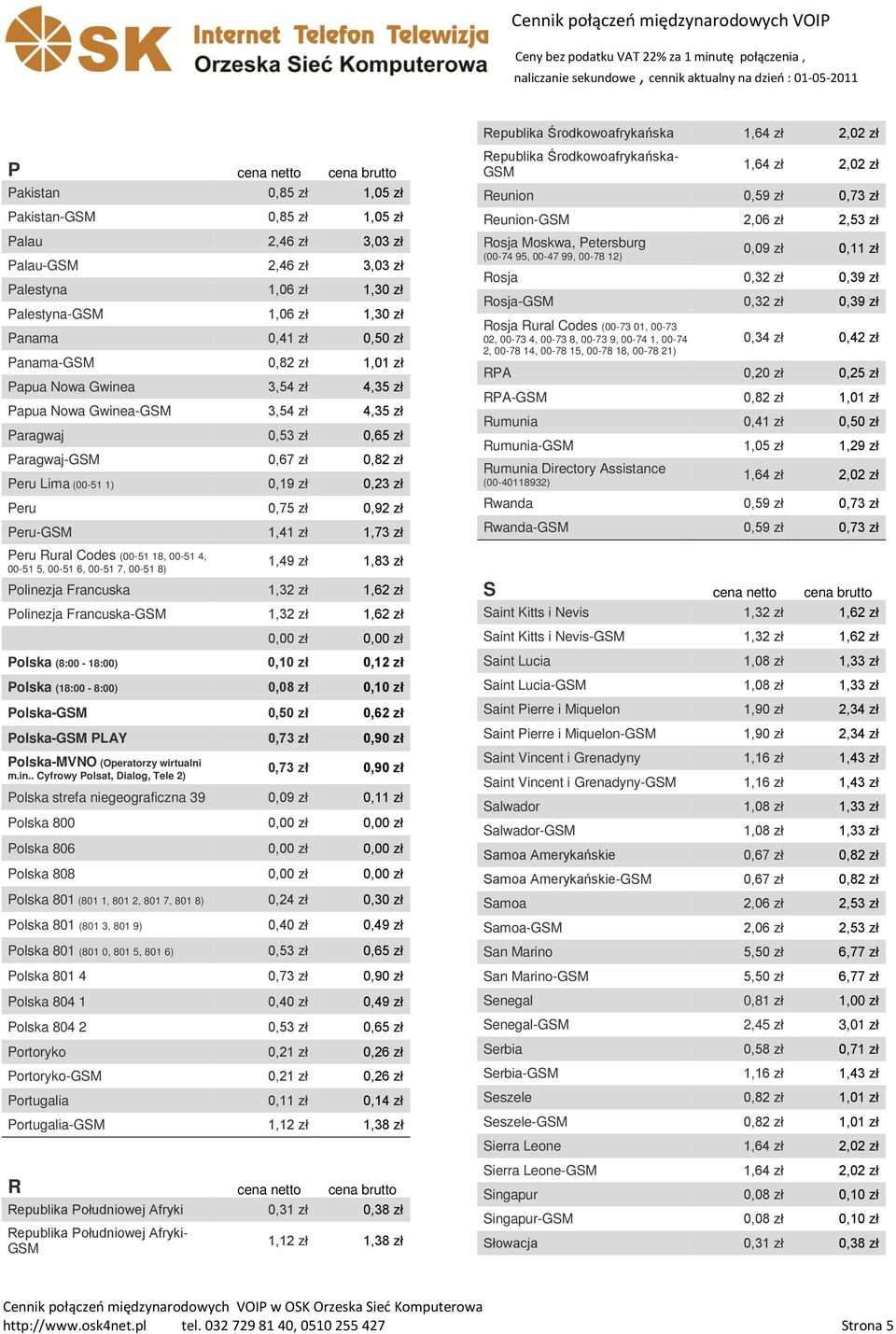 0,23 zł Peru 0,75 zł 0,92 zł Peru- 1,41 zł 1,73 zł Republika Środkowoafrykańska- Reunion 0,59 zł 0,73 zł Reunion- 2,06 zł 2,53 zł Rosja Moskwa, Petersburg (00-74 95, 00-47 99, 00-78 12) 0,09 zł 0,11