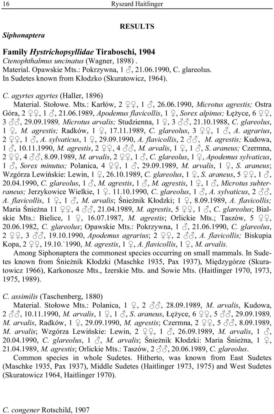 09.1989, Microtus arvalis; Studzienna, 1, 3, 21.10.1988, C. glareolus, 1, M. agrestis; Radków, 1, 17.11.1989, C. glareolus, 3, 1, A. agrarius, 2, 1, A. sylvaticus, 1, 29.09.1990, A. flavicollis, 2, M.