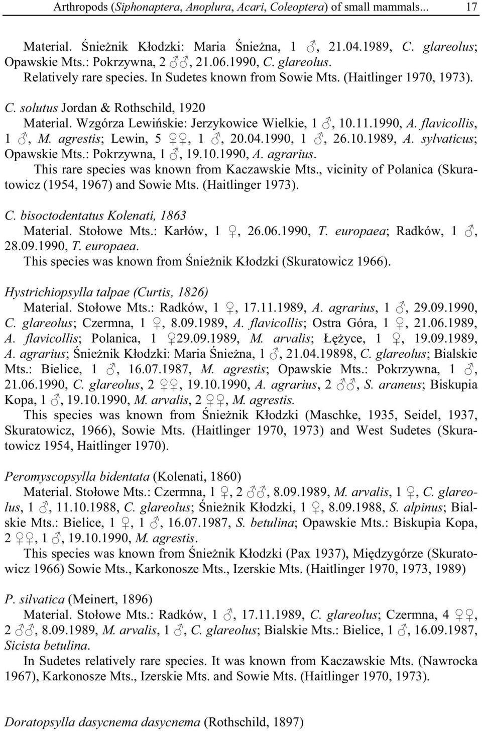 flavicollis, 1, M. agrestis; Lewin, 5, 1, 20.04.1990, 1, 26.10.1989, A. sylvaticus; Opawskie Mts.: Pokrzywna, 1, 19.10.1990, A. agrarius. This rare species was known from Kaczawskie Mts.