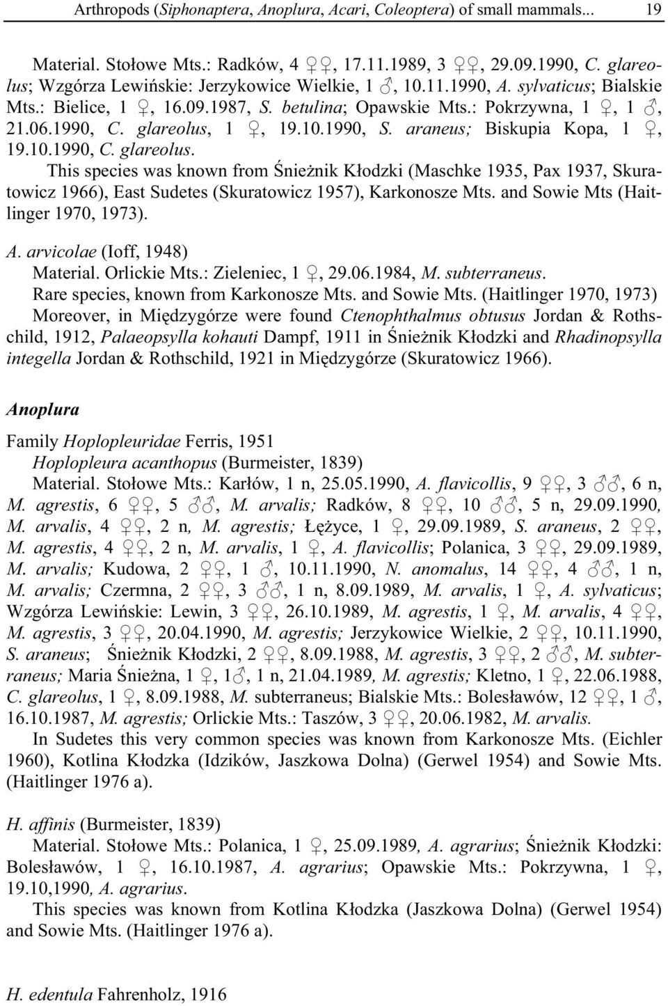 1, 19.10.1990, S. araneus; Biskupia Kopa, 1, 19.10.1990, C. glareolus.
