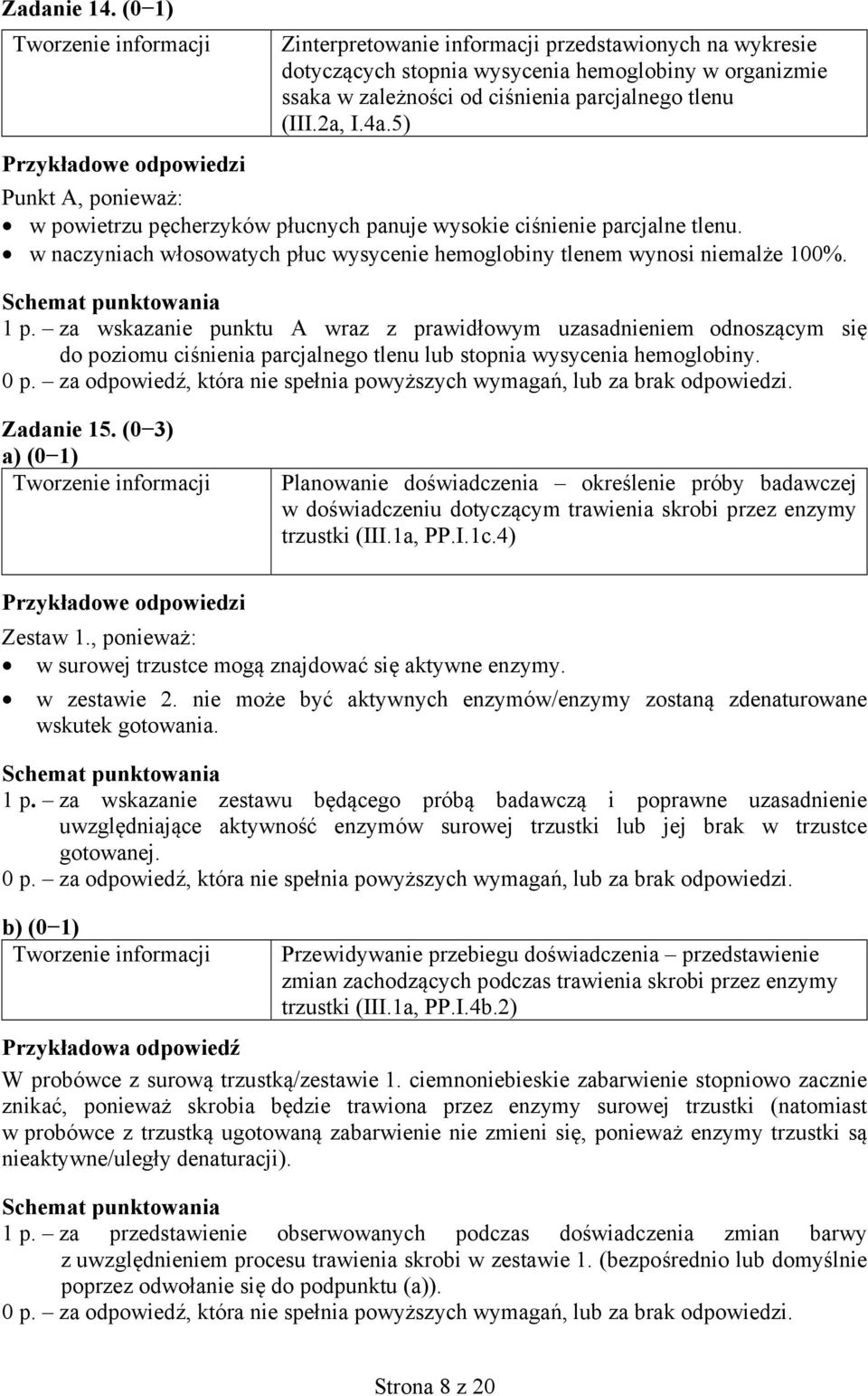 za wskazanie punktu A wraz z prawidłowym uzasadnieniem odnoszącym się do poziomu ciśnienia parcjalnego tlenu lub stopnia wysycenia hemoglobiny. Zadanie 15.