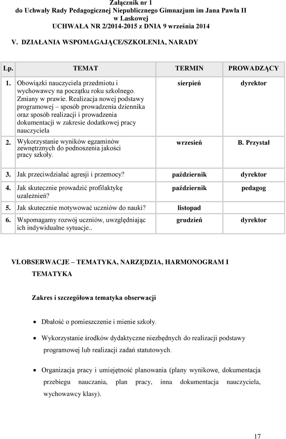 Wykorzystanie wyników egzaminów zewnętrznych do podnoszenia jakości pracy szkoły. sierpień wrzesień dyrektor B. Przystał 3. Jak przeciwdziałać agresji i przemocy? październik dyrektor 4.