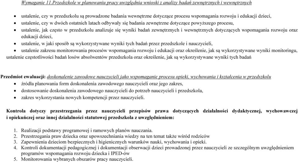 edukacji dzieci, ustalenie, czy w dwóch ostatnich latach odbywały się badania zewnętrzne dotyczące powyższego procesu, ustalenie, jak często w przedszkolu analizuje się wyniki badań zewnętrznych i