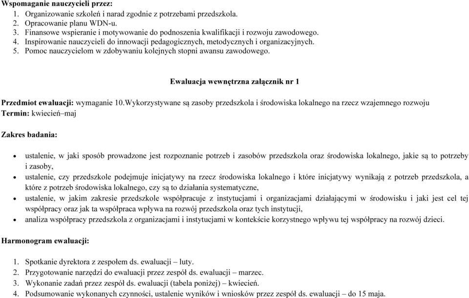 Pomoc nauczycielom w zdobywaniu kolejnych stopni awansu zawodowego. Ewaluacja wewnętrzna załącznik nr 1 Przedmiot ewaluacji: wymaganie 10.