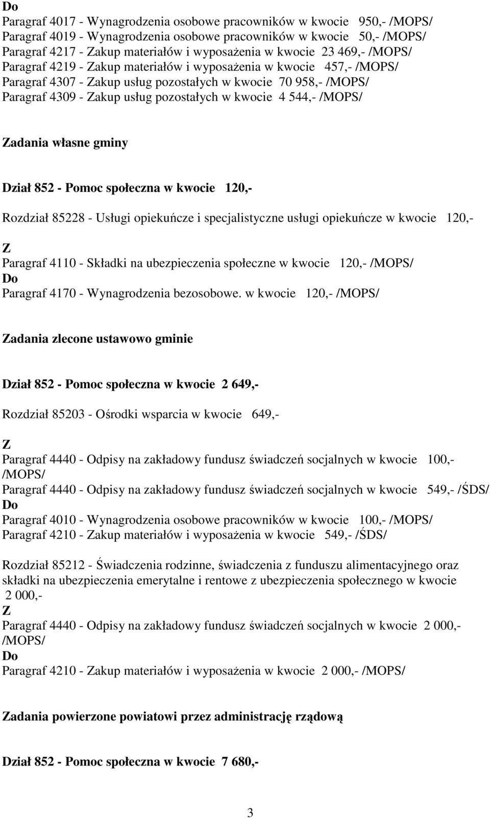 544,- /MOPS/ adania własne gminy Dział 852 - Pomoc społeczna w kwocie 120,- Rozdział 85228 - Usługi opiekuńcze i specjalistyczne usługi opiekuńcze w kwocie 120,- Paragraf 4110 - Składki na